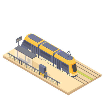 isometric tram stop with waiting tram, vector illustrationのイラスト素材