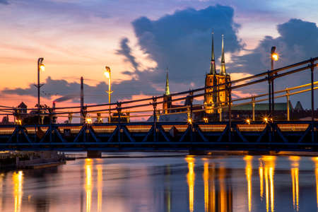 evening view of the grunwald bridge in wroclaw in polandの写真素材