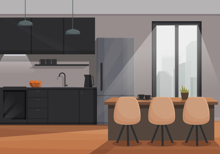 interior of a kitchen in an apartment with furniture and a window overlooking the city, vector illustrationのイラスト素材