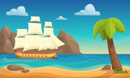 vintage sailing ship in the bay with rocks, vector illustrationのイラスト素材