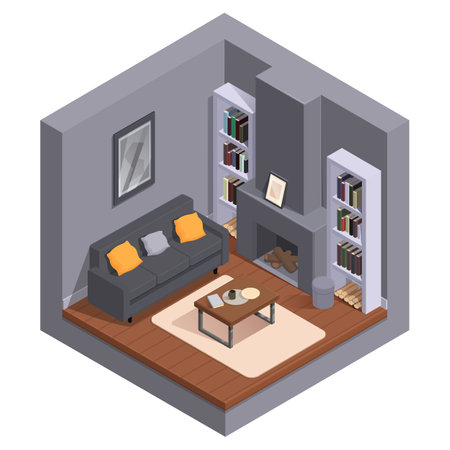 isometric living room with furniture and fireplace, vector illustrationのイラスト素材