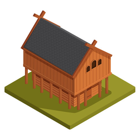isometric old scandinavian viking house, vector illustrationのイラスト素材