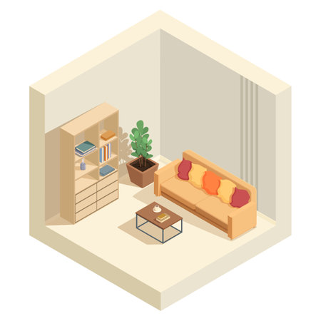 isometric living room with sofa and wardrobe, vector illustrationのイラスト素材
