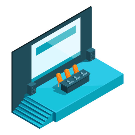 isometric performance stage with table chairs and microphone, vector illustrationのイラスト素材