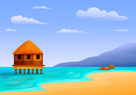 tropical house on stilts in the sea, vector illustrationのイラスト素材