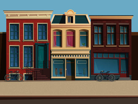 European street with old houses and bicycles, vector illustrationのイラスト素材