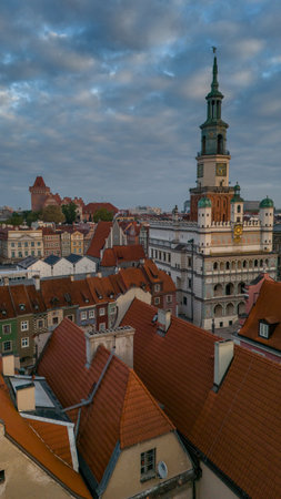 aerial view of the center of Poznan in Poland at dawn in spring