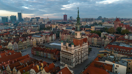 aerial view of the center of Poznan in Poland at dawn in spring