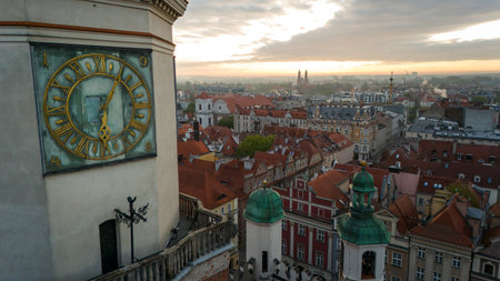 aerial view of the center of Poznan in Poland at dawn in spring