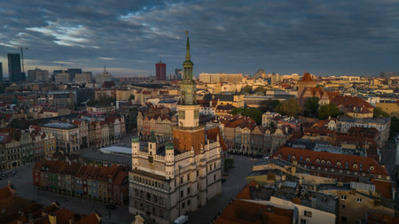 aerial view of the center of Poznan in Poland at dawn in spring