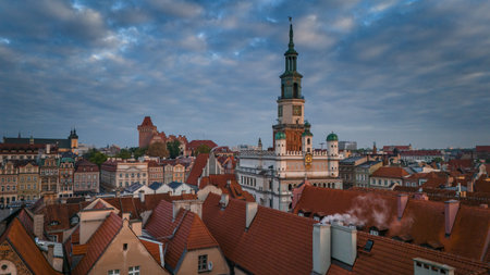 aerial view of the center of Poznan in Poland at dawn in spring