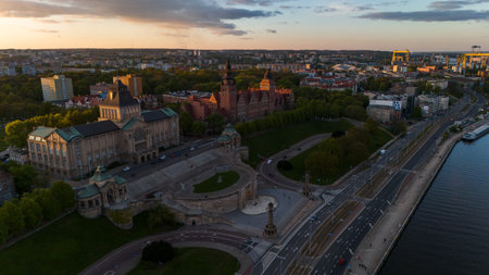 aerial view of the embankment of the old town of Szczecin in Poland in the spring at sunsetの写真素材