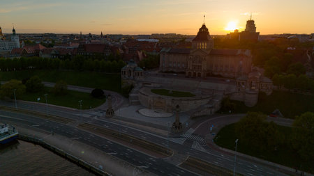 aerial view of the embankment of the old town of Szczecin in Poland in the spring at sunsetの写真素材