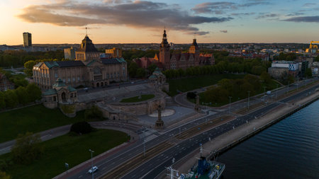 aerial view of the embankment of the old town of Szczecin in Poland in the spring at sunsetの写真素材