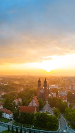 church on Tumsky Island in PoznaÅ„ at dawn in the fog in spring in Poland