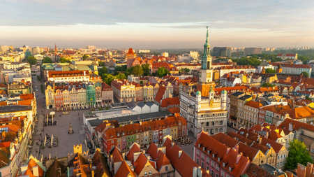 morning central square of the city of poznan with the town hall at dawn in spring