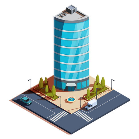 isometric skyscraper on the street with transport, vector illustrationのイラスト素材