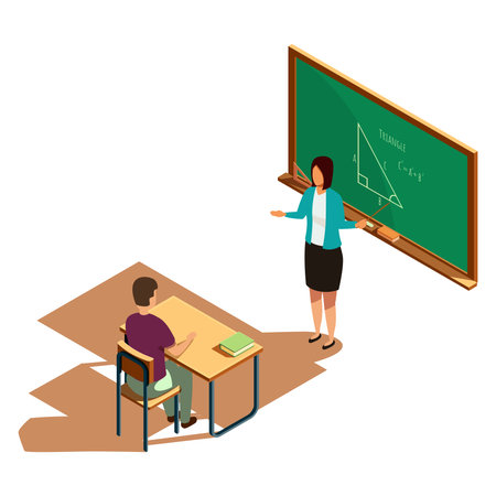 isometric teacher explaining material to student from blackboard, vector illustrationのイラスト素材