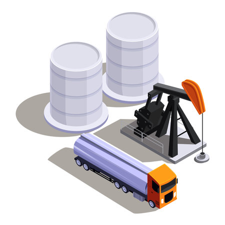 isometric oil pump with tanks and tanker truck, vector illustrationのイラスト素材