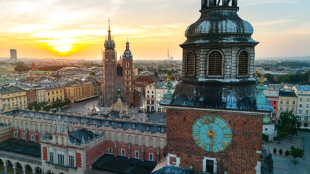 central market square of krakow in poland at dawn in summer view from aboveの写真素材