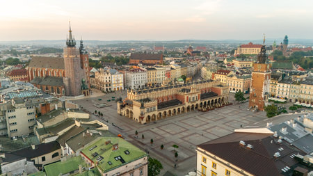 central market square of krakow in poland at dawn in summer view from aboveの写真素材