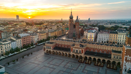 central market square of krakow in poland at dawn in summer view from aboveの写真素材