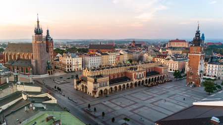 central market square of krakow in poland at dawn in summer view from aboveの写真素材