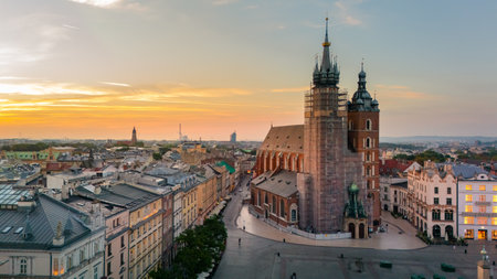 central market square of krakow in poland at dawn in summer view from aboveの写真素材