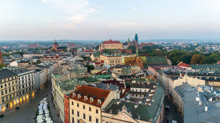 central market square of krakow in poland at dawn in summer view from aboveの写真素材