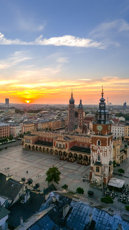 central market square of krakow in poland at dawn in summer view from aboveの写真素材