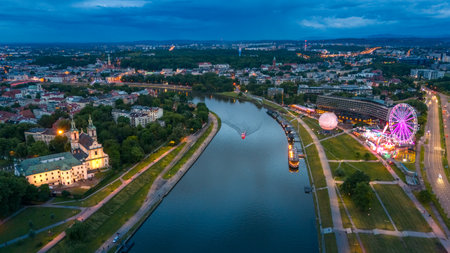 aerial view of krakow city center at sunset in summer in polandの写真素材