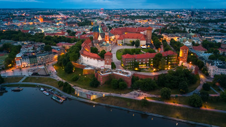 aerial view of krakow center and wawel royal castle at sunset in summer in polandの写真素材