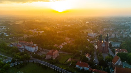 church on Tumsky Island in PoznaÅ at dawn in the fog in spring in Polandの写真素材
