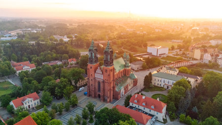church on Tumsky Island in PoznaÅ at dawn in the fog in spring in Polandの写真素材