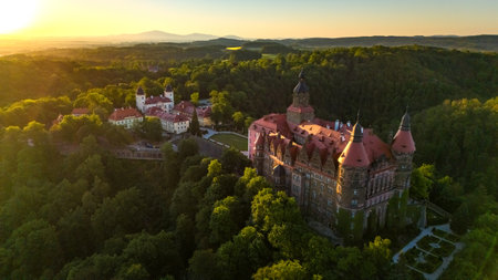 aerial view of the KsiÄÅ¼ castle in Walbrzych in Poland at dawn in springの写真素材