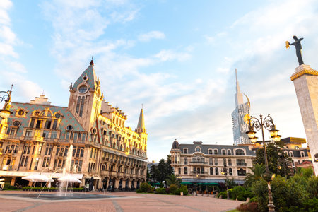 morning central square of batumi in georgia in summer at dawnの写真素材