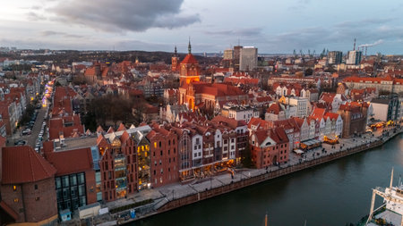 aerial view of gdansk city panorama at sunset in winter in polandの写真素材