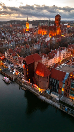 aerial view of gdansk city panorama at sunset in winter in polandの写真素材