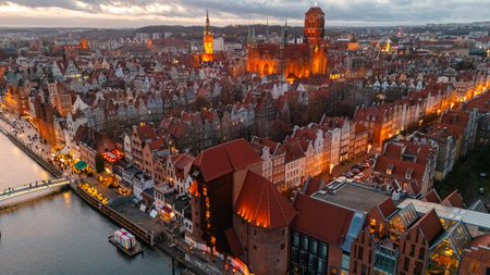aerial view of gdansk city panorama at sunset in winter in polandの写真素材