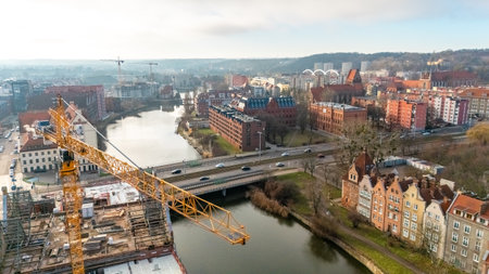 aerial view of gdansk historical center on a sunny day in winterの写真素材
