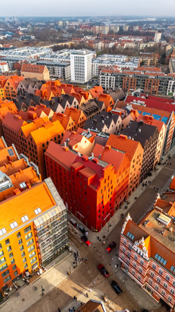 aerial view of gdansk historical center on a sunny day in winterの写真素材