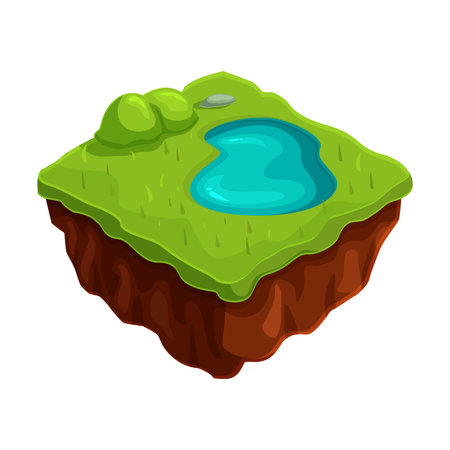 isometric game summer plain landscape with lake, vector illustrationのイラスト素材