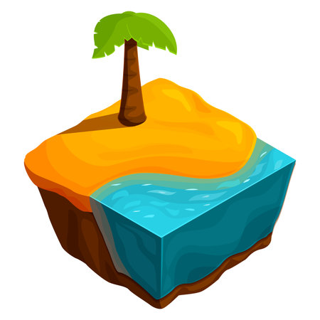 isometric game beach landscape with palm tree flying island, vector illustrationのイラスト素材