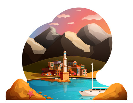cartoon city with lighthouse on seashore with mountains in background, vector illustrationのイラスト素材