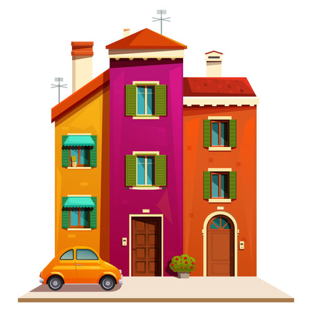 cartoon street with colored houses and car, vector illustrationのイラスト素材