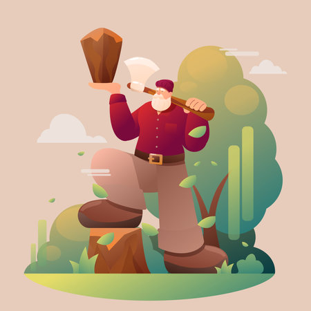 cartoon lumberjack with ax and log vector illustrationのイラスト素材