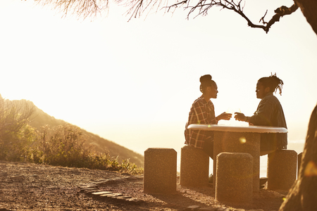 Couple sitting at a table watching sunset at a public viewing point while making a toast with some alcoholic drinks during golden hour, their silhouettes sitting under a tree.の写真素材
