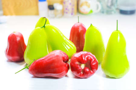 Red and green rose apple, Asia apple fruit flavors of sweet red gloss. rose apple isolated on white...