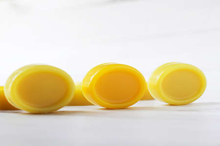 Lemon soap., Glycerin handmade lemon soap and fresh lemons on wooden background.の写真素材