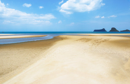 Landscape view of beach sea in summer day., Nature landscape view of beautiful tropical beach and sea in sunny day., Landscape summer day beach sea sand and sky.の写真素材